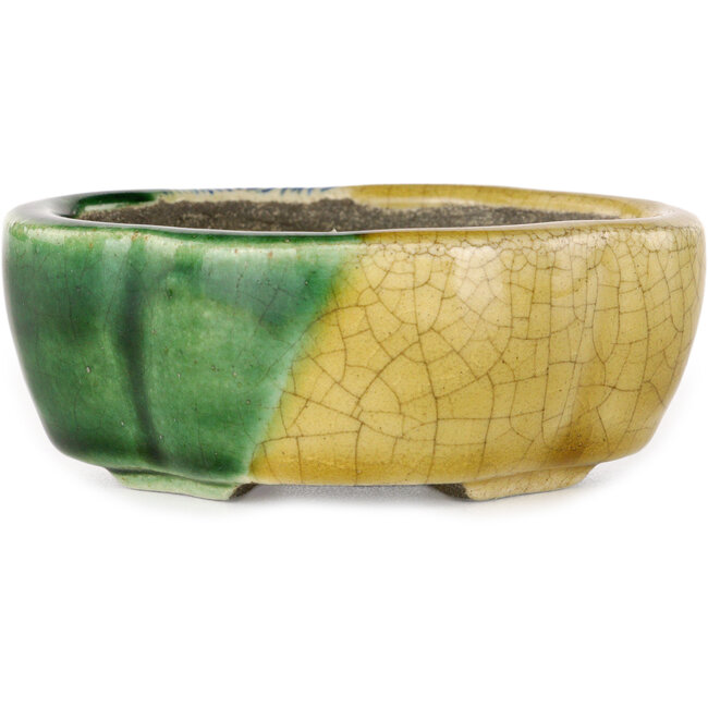 Mokko gele en groene craquelé bonsaipot van Terahata Satomi Mazan - 102 x 85 x 40 mm