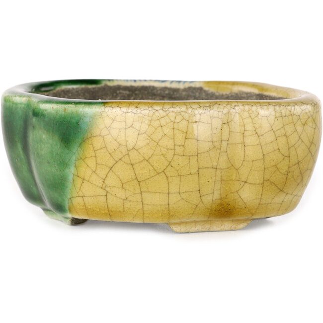 Pot à bonsaï Mokko craquelé jaune et vert par Terahata Satomi Mazan - 102 x 85 x 40 mm