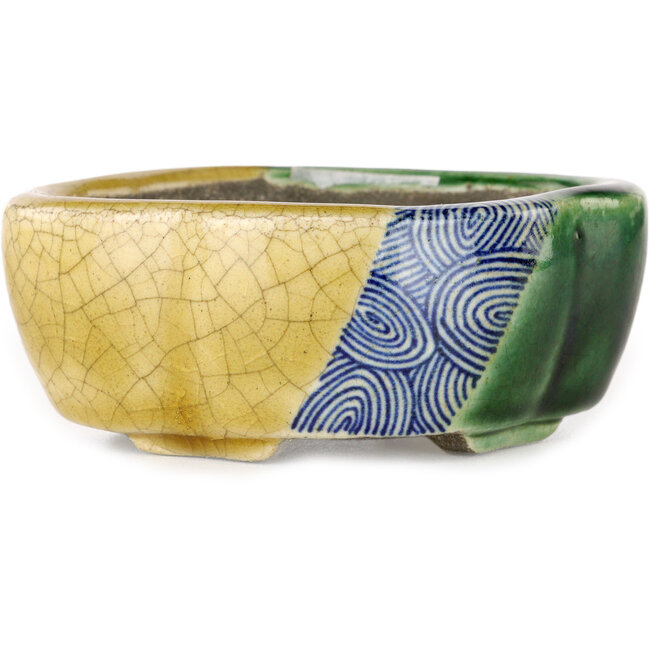 Maceta para bonsái craquelé amarillo y verde Mokko de Terahata Satomi Mazan - 102 x 85 x 40 mm