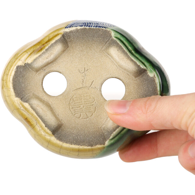 Vaso bonsai Mokko giallo e verde craquelé di Terahata Satomi Mazan - 102 x 85 x 40 mm