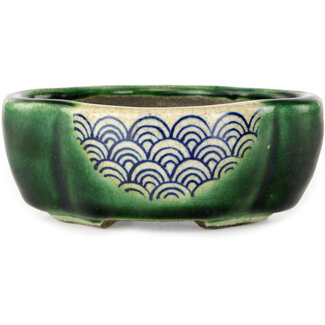  Satomi Mazan, Mazan Terahata Vaso bonsai verde mokko craquelé da 102 mm di Terahata Satomi Mazan, Tokoname, Giappone