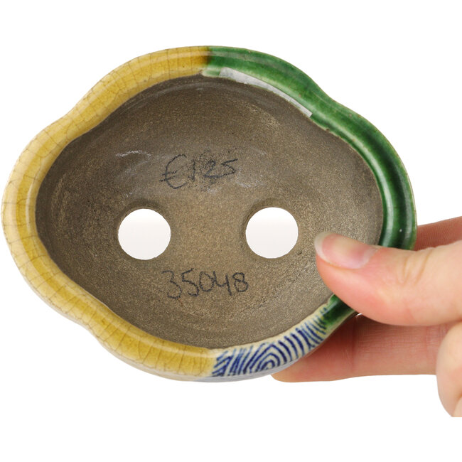 Pot à bonsaï Mokko craquelé jaune et vert par Terahata Satomi Mazan - 102 x 85 x 40 mm