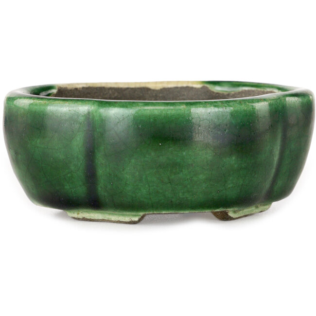 Mokko green craquelé bonsai pot by Terahata Satomi Mazan - 102 x 85 x 40 mm