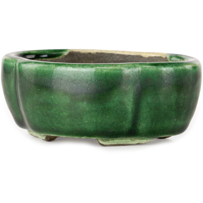 Mokko grüner Craquelé-Bonsaitopf von Terahata Satomi Mazan – 102 x 85 x 40 mm