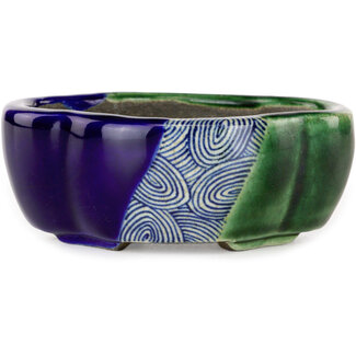  Satomi Mazan, Mazan Terahata Vaso bonsai mokko blu e verde craquelé da 102 mm di Terahata Satomi Mazan, Tokoname, Giappone