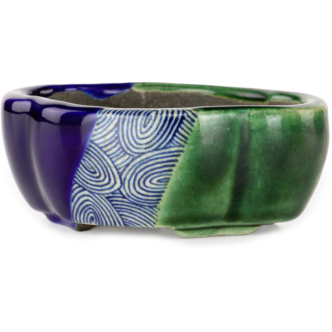 Mokko blauw en groene craquelé bonsaipot van Terahata Satomi Mazan - 102 x 85 x 40 mm