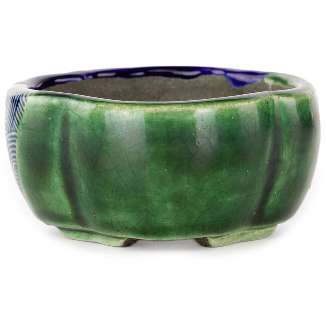 Vaso bonsai Mokko craquelé blu e verde di Terahata Satomi Mazan - 102 x 85 x 40 mm