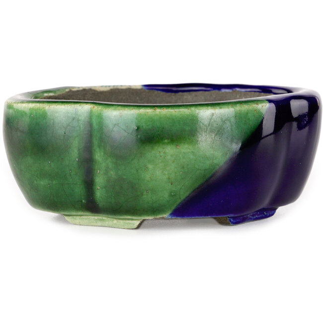 Mokko blauw en groene craquelé bonsaipot van Terahata Satomi Mazan - 102 x 85 x 40 mm