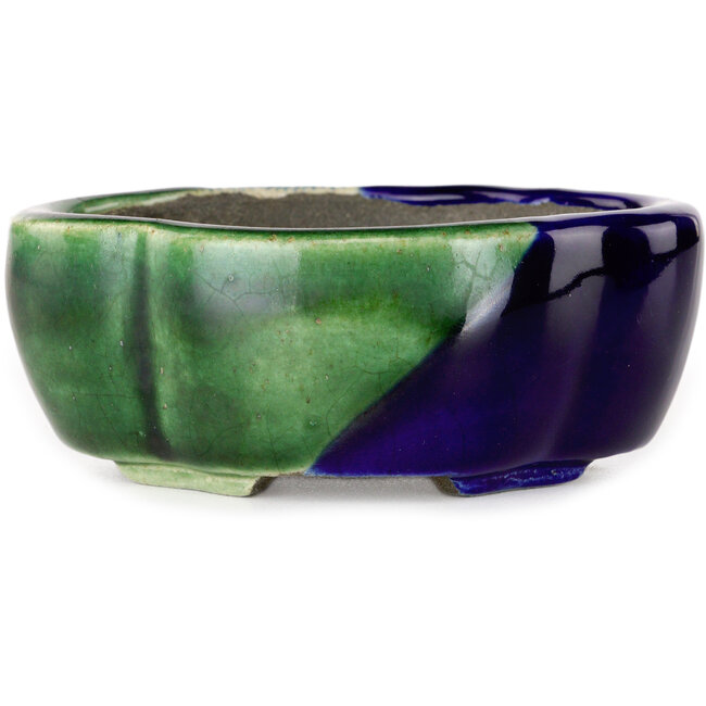 Blauer und grüner Craquelé-Bonsaitopf Mokko von Terahata Satomi Mazan – 102 x 85 x 40 mm