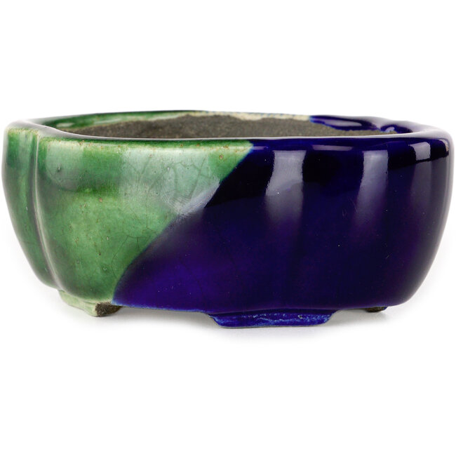 Pot à bonsaï craquelé bleu et vert Mokko par Terahata Satomi Mazan - 102 x 85 x 40 mm