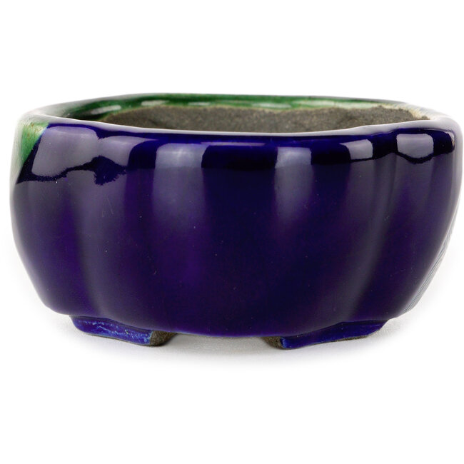 Mokko blauw en groene craquelé bonsaipot van Terahata Satomi Mazan - 102 x 85 x 40 mm