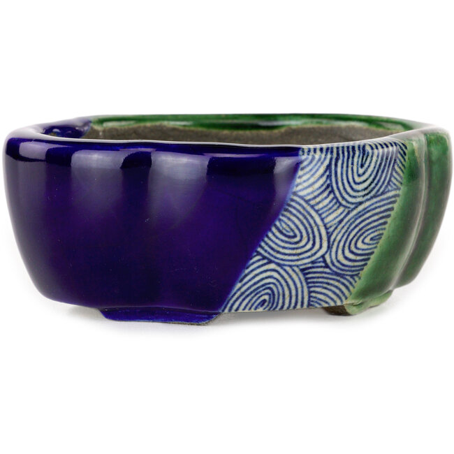 Mokko blue and green craquelé bonsai pot by Terahata Satomi Mazan - 102 x 85 x 40 mm
