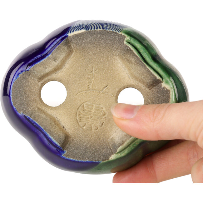 Maceta para bonsái craquelé azul y verde Mokko de Terahata Satomi Mazan - 102 x 85 x 40 mm