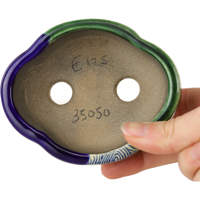 Pot à bonsaï craquelé bleu et vert Mokko par Terahata Satomi Mazan - 102 x 85 x 40 mm