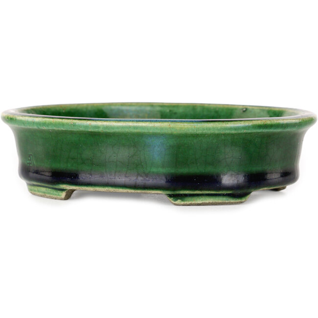 Ovale grüne Craquelé-Bonsaischale mit blauem Akzent von Terahata Satomi Mazan – 140 x 115 x 35 mm