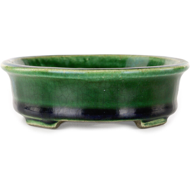 Ovale groene craquelé met een blauw accent bonsaipot van Terahata Satomi Mazan - 140 x 115 x 35 mm