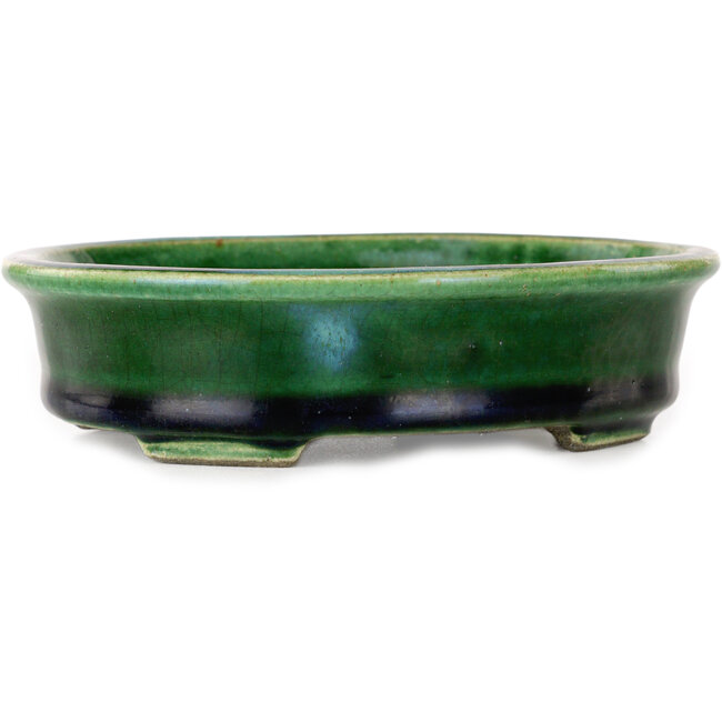 Craquelé verde ovalado con maceta de bonsái con detalles en azul de Terahata Satomi Mazan - 140 x 115 x 35 mm
