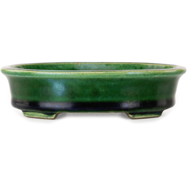 Craquelé verde ovalado con maceta de bonsái con detalles en azul de Terahata Satomi Mazan - 140 x 115 x 35 mm