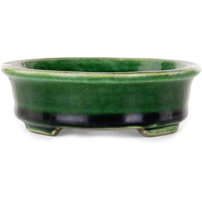 Oval green craquelé with a blue accent bonsai pot by Terahata Satomi Mazan - 140 x 115 x 35 mm