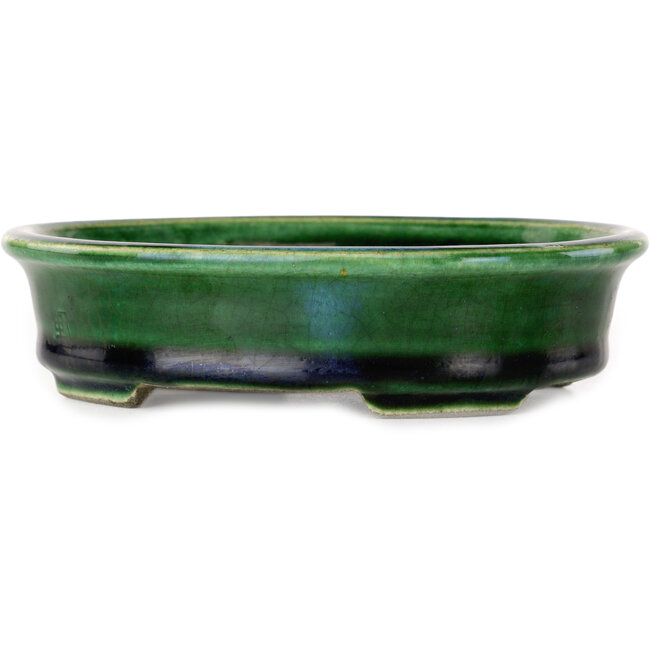 Pot à bonsaï ovale vert craquelé avec accent bleu par Terahata Satomi Mazan - 140 x 115 x 35 mm