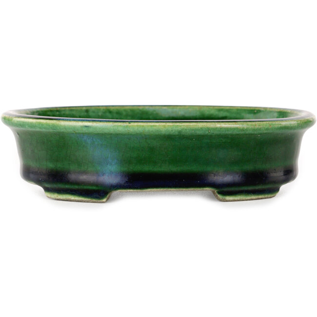 Ovale grüne Craquelé-Bonsaischale mit blauem Akzent von Terahata Satomi Mazan – 140 x 115 x 35 mm