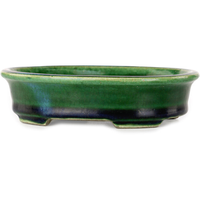 Pot à bonsaï ovale vert craquelé avec accent bleu par Terahata Satomi Mazan - 140 x 115 x 35 mm