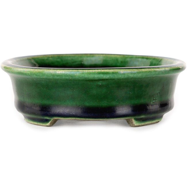 Craquelé verde ovalado con maceta de bonsái con detalles en azul de Terahata Satomi Mazan - 140 x 115 x 35 mm