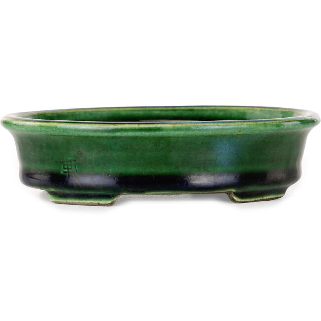 Ovale grüne Craquelé-Bonsaischale mit blauem Akzent von Terahata Satomi Mazan – 140 x 115 x 35 mm