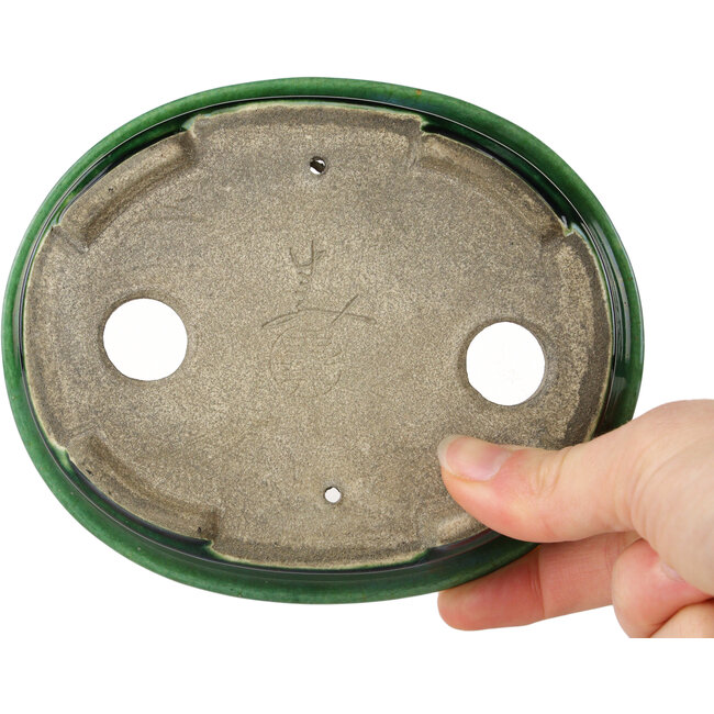 Oval green craquelé with a blue accent bonsai pot by Terahata Satomi Mazan - 140 x 115 x 35 mm