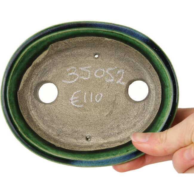 Vaso bonsai ovale verde craquelé con accenti blu di Terahata Satomi Mazan - 140 x 115 x 35 mm