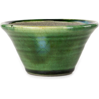  Satomi Mazan, Mazan Terahata Ronde groene craquelé van 127 mm met een bonsaipot met blauw accent van Terahata Satomi Mazan, Tokoname, Japan