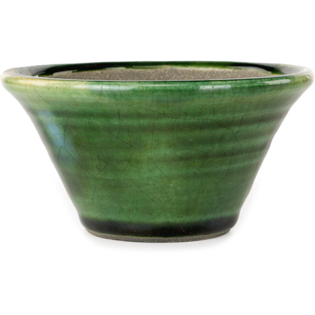 Vaso bonsai rotondo verde craquelé con accenti blu di Terahata Satomi Mazan - 127 x 127 x 65 mm