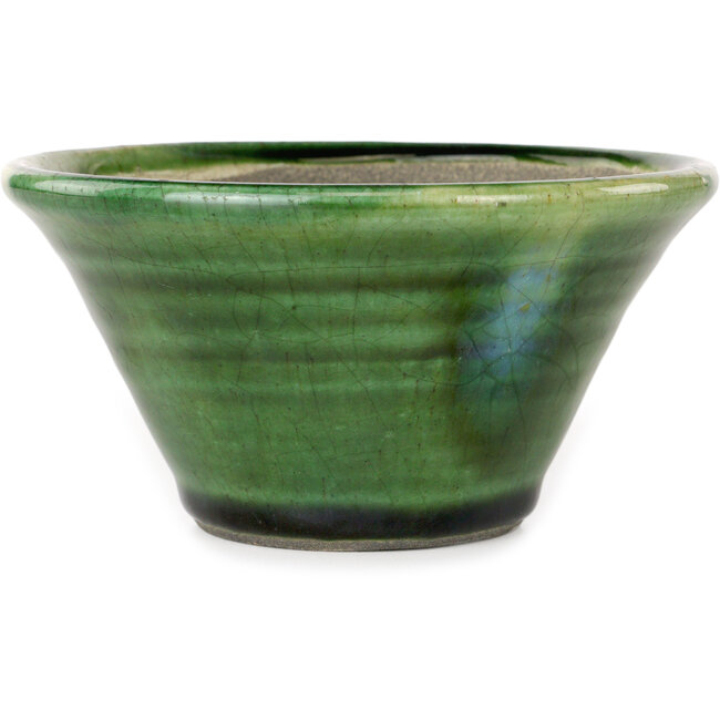 Craquelé verde redondo con maceta de bonsái con detalles en azul de Terahata Satomi Mazan - 127 x 127 x 65 mm