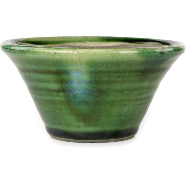 Runde grüne Craquelé-Bonsaischale mit blauem Akzent von Terahata Satomi Mazan – 127 x 127 x 65 mm