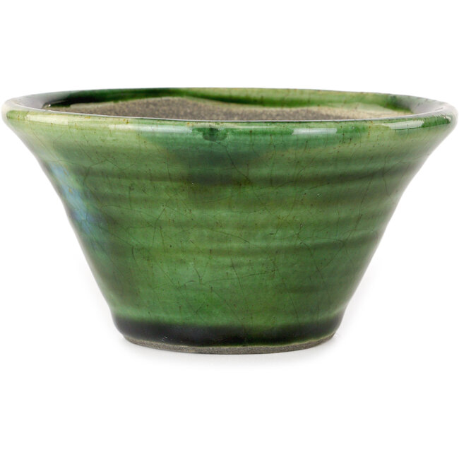 Craquelé verde redondo con maceta de bonsái con detalles en azul de Terahata Satomi Mazan - 127 x 127 x 65 mm