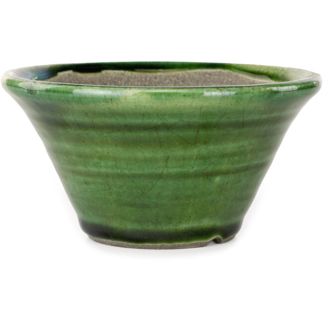 Vaso bonsai rotondo verde craquelé con accenti blu di Terahata Satomi Mazan - 127 x 127 x 65 mm