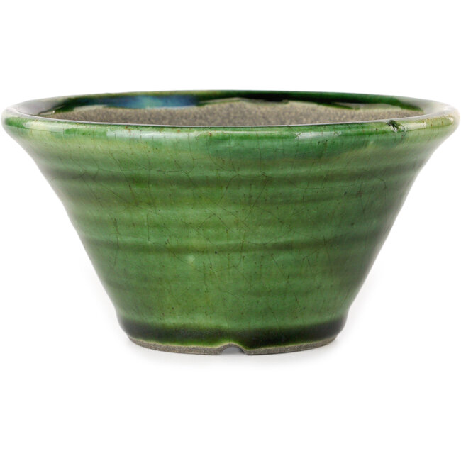 Craquelé verde redondo con maceta de bonsái con detalles en azul de Terahata Satomi Mazan - 127 x 127 x 65 mm