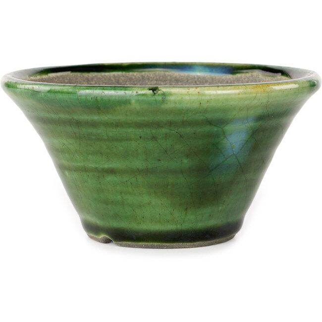 Runde grüne Craquelé-Bonsaischale mit blauem Akzent von Terahata Satomi Mazan – 127 x 127 x 65 mm