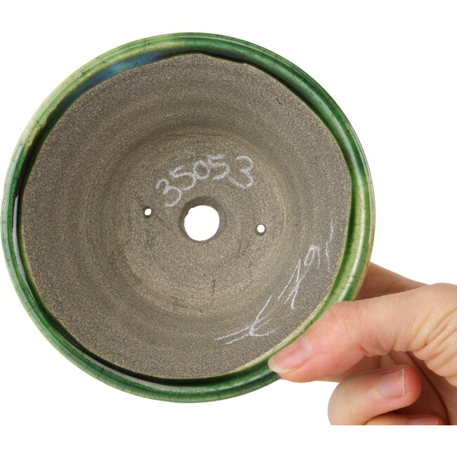 Round green craquelé with a blue accent bonsai pot by Terahata Satomi Mazan - 127 x 127 x 65 mm