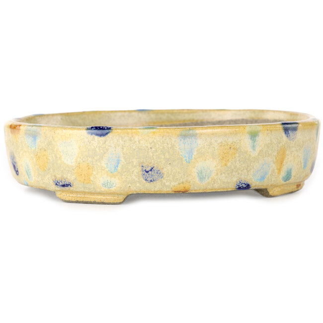 Oval beige craquelé, multicolor bonsai pot by Terahata Satomi Mazan - 140 x 115 x 30 mm