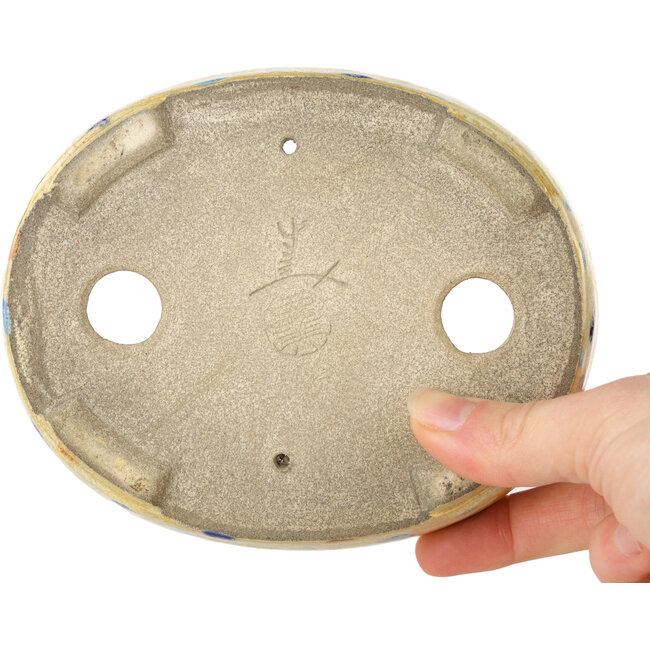 Ovale beige craquelé, veelkleurige bonsaipot van Terahata Satomi Mazan - 140 x 115 x 30 mm