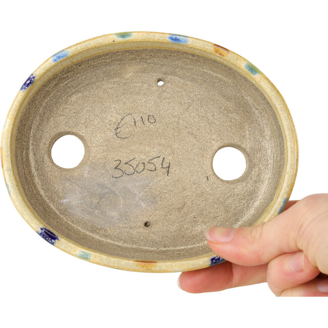 Pot à bonsaï ovale beige craquelé, multicolore par Terahata Satomi Mazan - 140 x 115 x 30 mm