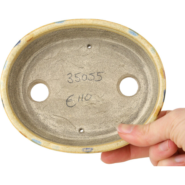 Ovaler beige Craquelé, mehrfarbiger Bonsaitopf von Terahata Satomi Mazan – 140 x 115 x 30 mm