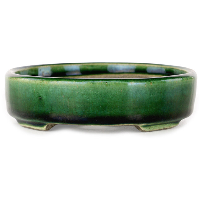 Oval green craquelé with a blue accent bonsai pot by Terahata Satomi Mazan - 155 x 127 x 32 mm