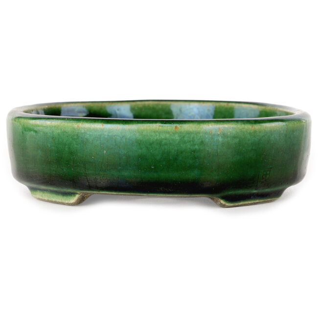 Pot à bonsaï ovale vert craquelé avec accent bleu par Terahata Satomi Mazan - 155 x 127 x 32 mm