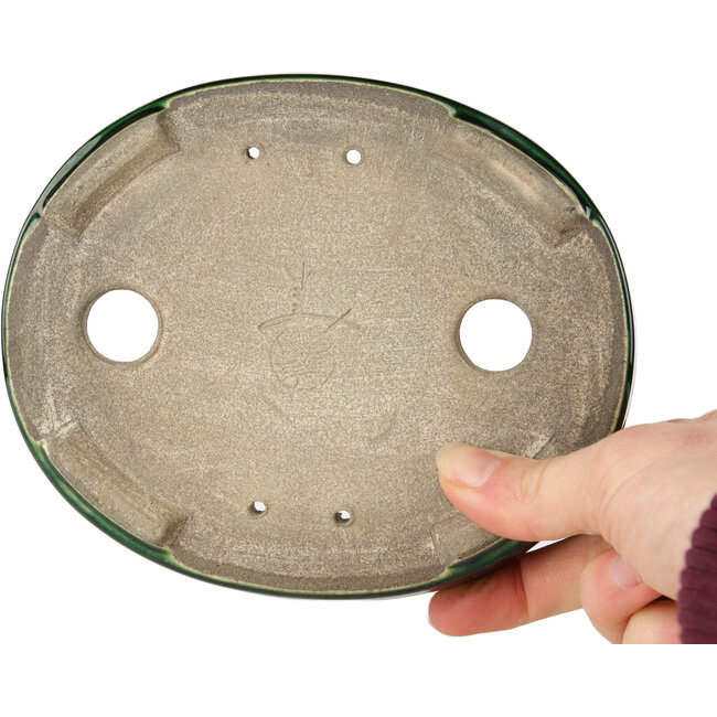 Oval green craquelé with a blue accent bonsai pot by Terahata Satomi Mazan - 155 x 127 x 32 mm
