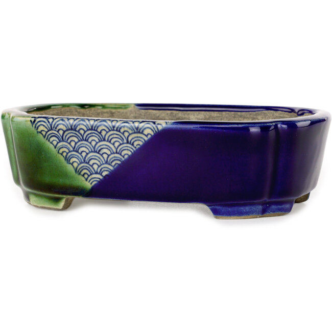 Maceta para bonsái craquelé azul y verde Mokko de Terahata Satomi Mazan - 160 x 120 x 45 mm