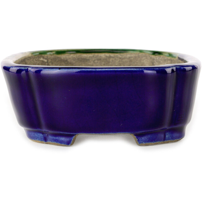 Mokko blue and green craquelé bonsai pot by Terahata Satomi Mazan - 160 x 120 x 45 mm