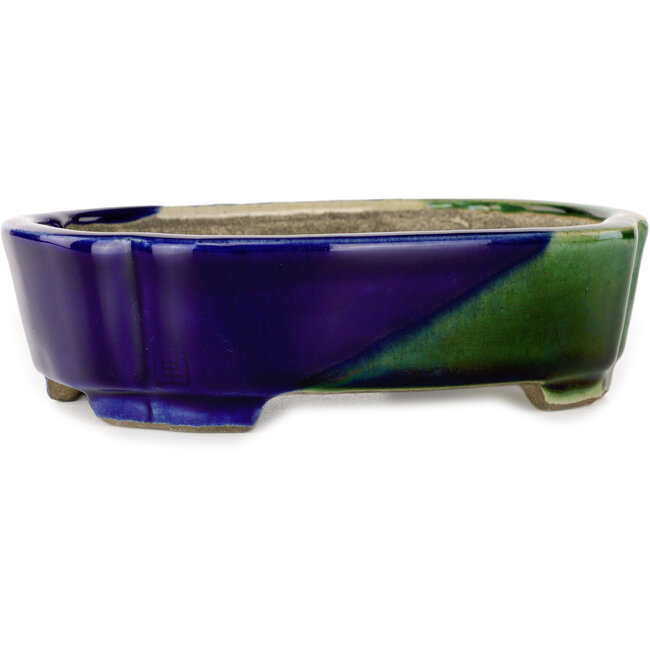 Vaso bonsai Mokko craquelé blu e verde di Terahata Satomi Mazan - 160 x 120 x 45 mm