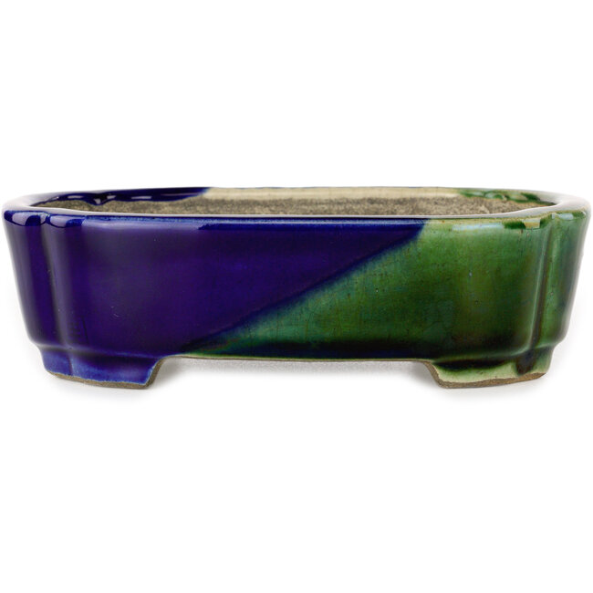 Mokko blauw en groene craquelé bonsaipot van Terahata Satomi Mazan - 160 x 120 x 45 mm